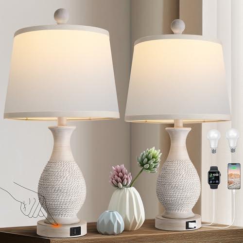 PARTPHONER Traditional Table Lamps Set of 2, Bedside Touch Lamp with USB C+A Charging Ports, Rustic Farmhouse Table Lamps for Living Room Bedroom, Side Table Lamp with White Fabric Shade, Antique Grey - size: Grey 22.6" Touch Lamp