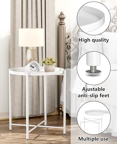 EKNITEY End Table,Folding Metal Side Table Waterproof Small Coffee Table Sofa Side Table with Removable Tray for Living Room Bedroom Balcony and Office - color: White, size: 1 tier
