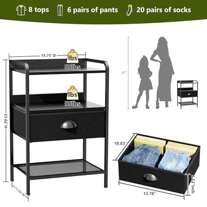 Nightstands Set of 2, Bedside Table with 1 Fabric Drawer, Open Mesh Shelf, End Table Side Table with Storage Drawer Dresser, Wear-Resistant Metal Frame, Bedroom, Black - color: Black(1drawer), size: Set of 2
