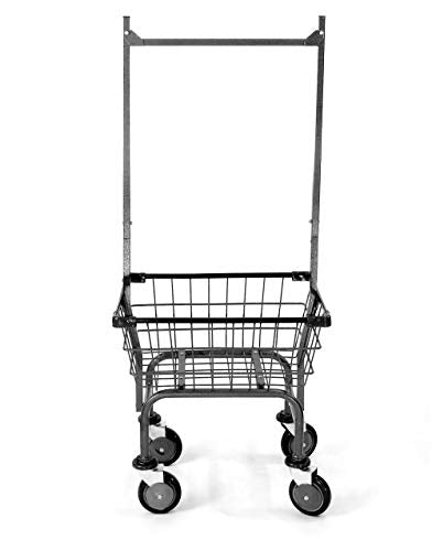Laundry Cart Grey Powder Coated with Double Pole Rack, 1.5-Bu (Red, Black, Blue Trim) (Black) - color: Black