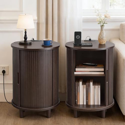 DHH Round End Table with Storage & Charging Station, Fluted Accent Side Table with Sliding Door & Adjustable Shelf, Mid-Century Nightstand for Small Spaces, Living Room, Bedroom (1,Dark Walnut) - color: Dark Walnut