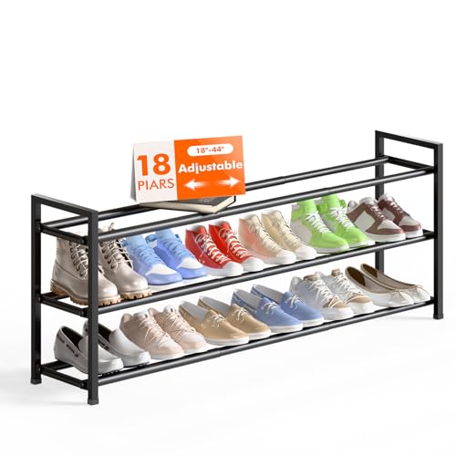 Bumusty 3-Tier Long Expandable Shoe Rack for Closet, 18"-44" Adjustable Shoe Rack for Entryway, 15-18 Pairs Large Shoe Organizer Shelf Storage, Sturdy Metal, Black - color: Black, size: 3-tier