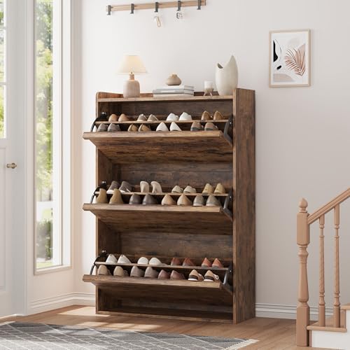 Garvee Shoe Cabinet with 3 Flip Drawers, Hidden Wood Shoe Cabinet,Freestanding Shoe Storage Cabinet with Adjustable Shelf for Entryway Hallwa, Living Room, Living Room, Brown - color: Rustic Brown