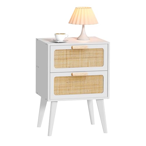 YAUKOMEL White Nightstand, Wood End Table, Side Table with 2 Hand Made Rattan Decorated Drawers,Boho Bedside Table,Wood Accent Table with Storage for Livingroom, Bedroom, White CTG59W - color: White, style: Rattan Style