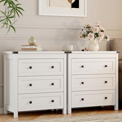 Xixini Farmhouse Nightstand with 3 Storage Drawers, 27.55" Wide Wood Bedside Table, Modern Side Table with Metal Handle, End Table for Bedroom, White - color: White