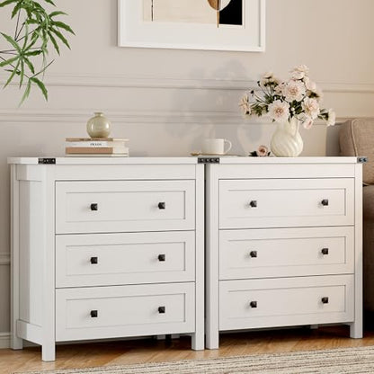 Xixini Farmhouse Nightstand with 3 Storage Drawers, 27.55" Wide Wood Bedside Table, Modern Side Table with Metal Handle, End Table for Bedroom, White - color: White