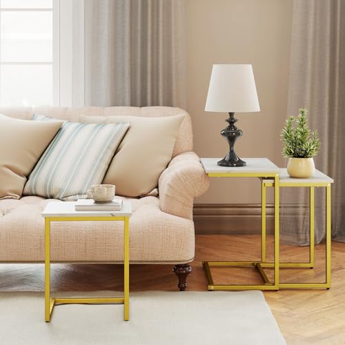 Tangkula Nesting Table Set of 3, Rectangle Stacking Side End Table with Wood Top & Metal Legs, Adjustable Foot Pads, C-shaped Accent Coffee Tables for Small Spaces, Living Room (C-shaped, White, 3-pc) - color: White