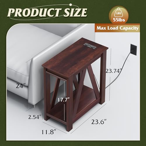 WLIVE Narrow End Table with Charging Station of Open Storage Shelf，Sofa Side Table with 2 USB Ports and 2 Power Outlets，Slim Farmhouse End Table for Small Spaces, 11.8" D x 23.6" W x 23.74" H - color: Espresso