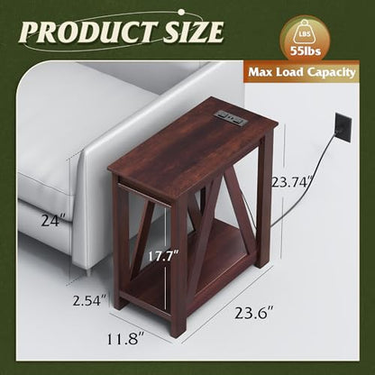 WLIVE Narrow End Table with Charging Station of Open Storage Shelf，Sofa Side Table with 2 USB Ports and 2 Power Outlets，Slim Farmhouse End Table for Small Spaces, 11.8" D x 23.6" W x 23.74" H - color: Espresso