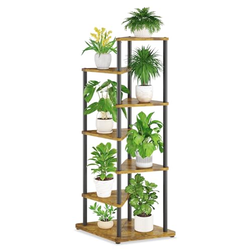 iDavosic.ly 6 Tier Wooden Plant Stand Indoor, 49 Inch Tall, Black & Brown | Sturdy Corner Flower Shelf for 12'' Large Heavy Duty Flower Pot, Ideal for Patio Living Room Balcony Porch, Easy Assembly - size: 6 Tier without Light