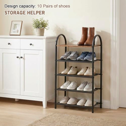 5-Tier Shoe Rack, Rustic Wood Look Shoe Organizer with Metal Frame and Mesh Shelves, Space-Saving for Entryway, Hallway, Bedroom (17.32" L x 10.24" W x 31.89" H) - size: 17.32" X 10.24" X 31.89"