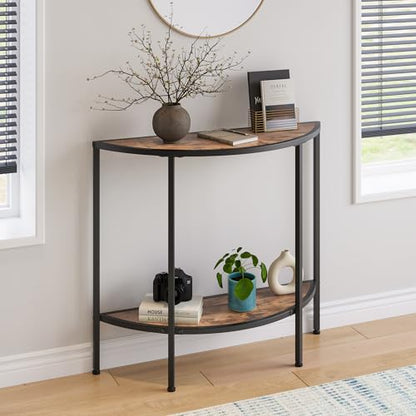 Entryway Table with Storage,Narrow Console Table for Living Room | Coffee Table 2-Tier Half Moon Sofa Table,Small Entry Table,Hallway Side Table with Metal Frame,Brown - color: Modern Style-brown