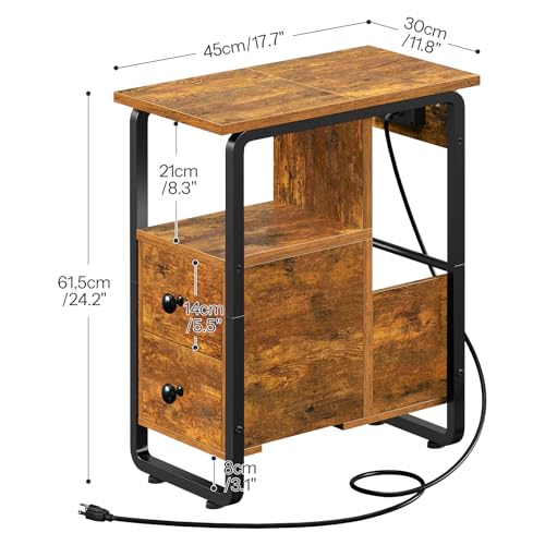 HOOBRO Narrow Nightstand with Charging Station & LED Lights, Narrow Side Table with Fabric Drawer, Open Shelves, Slim End Table for Living Room, Bedroom, Rustic Brown and Black BF430UDBZ01 - color: Rustic Brown + Black