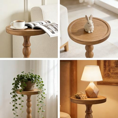 Small Round Side Table for Small Spaces | Wood Pedestal Drink Table & Narrow End Table for Living Room Couch, Modern Bedside Nightstand for Bedroom & Nursery (Walnut) - color: Walnut