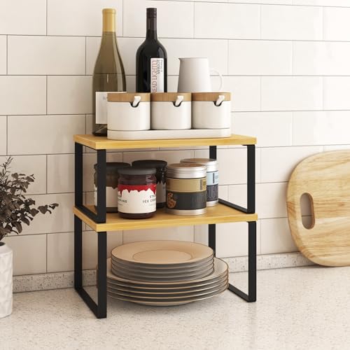 Kitchen Cabinet Organizer Shelf Set of 4, Sturdy Kitchen Counter Shelves with Metal Legs, Stackable Expandable Wood Spice Rack Pantry Cupboard Dish Mug Cup Storage Organizer Shelf,Black+Bamboo - color: Black+Bamboo
