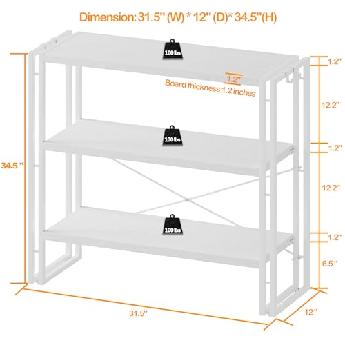 HCHQHS Bookshelf, 3-Tier Industrial Bookcase, White Open Book Shelf, Freestanding Horizontal Bookshelves with Metal Frame - color: White, size: 3-Tier (31.5"W x 33.5"H)
