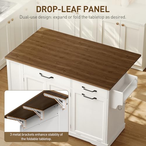 RALGEND Kitchen Island with Power Outlet & Drop Leaf, Rolling Storage Cart with Trash Storage Cabinet, Farmhouse Mobile Island Table for Kitchen, Dining Room, Hidden Casters, White and Walnut - color: White + Walnut