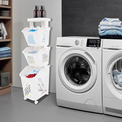 3 Tier Laundry Basket Holder, Utility Laundry Basket with Wheels Clothes Storage Organizer Cart Removable Rolling Laundry Hampers for Bathrooms Bedrooms Kitchen - size: 3-Tier