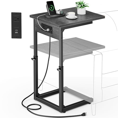 Vagusicc C Shaped End Table with Charging Station, 33" Tall Side Table for Couch, Adjustable Height C Table End Table, Couch Table Slide Under Sofa Table TV Tray Table for Living Room, Gray Walnut - color: Gray Walnut, style: Charging Station