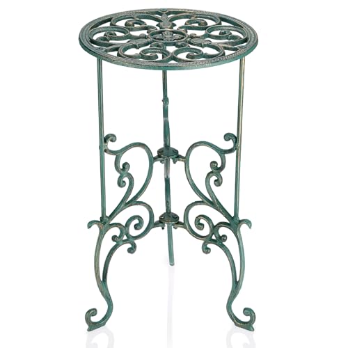 OwnMy Cast Iron Tall Plant Stand Heavy Duty Wrought Iron Flower Pot Holder | Vintage Decorative 1-Tier Potted Plant Holder Rack, Indoor Outdoor Large Metal Plant Stand for Patio Garden, Antique Green