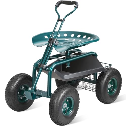 VEVOR Garden Cart Rolling Workseat with Wheels, Gardening Stool for Planting, 360 Degree Swivel Seat, Wagon Scooter with Steering Handle & Utility Tool Tray, Use for Patio, Yard, and Outdoors, Green - color: Green