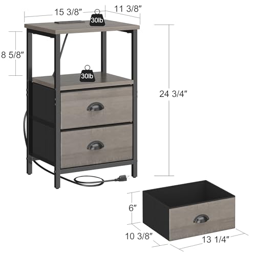 sthmec Nightstand with Charging Station, LED Night Stand Set of 2, Bedside Table End Table with Drawer, Bedroom Tables with 2 Fabric Drawers, 3-Tier Storage Side Table for Bedroom,Grey - color: Grey