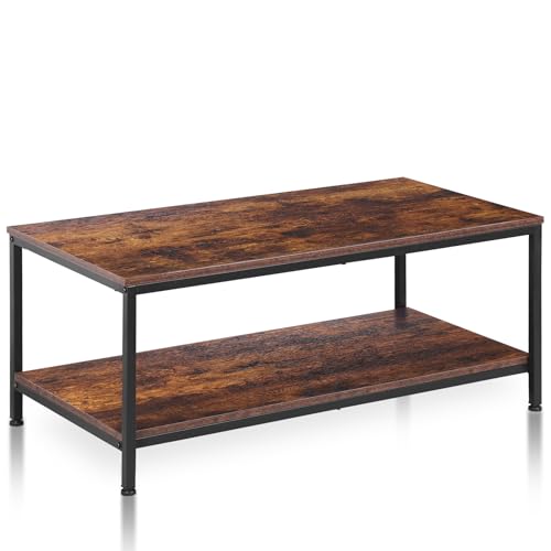 SUPER DEAL 2-Tier Coffee Table with Storage Shelf for Small Apartment Living Room, Rectangle Wood and Stable Metal TV Stand Side End Table, Rustic Brown - color: Rustic Brown, size: 39.4in