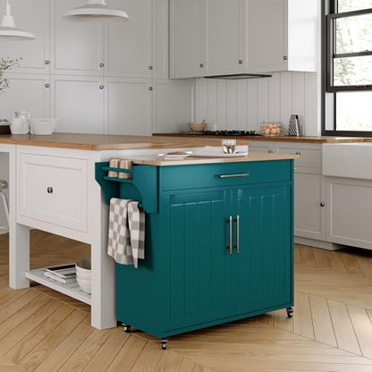 Wood Kitchen Island with Storage, Rolling Kitchen Island On Wheels, Mobile Island Trolley Cart Sideboard Cabinet with Towel Rack, Spice Rack, Adjustable Shelf, Wooden Top & Large Drawer, Dark Green - color: Dark Green