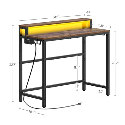 YATINEY Small Computer Desk with Charging Station and LED Lights, Gaming Desk with Monitor Stand, 2-Tier Home Office Desk with 4 Side Hooks, for Living Room, Home Office, Rustic Brown DN01UDBRY2 - color: Rustic Brown + Black