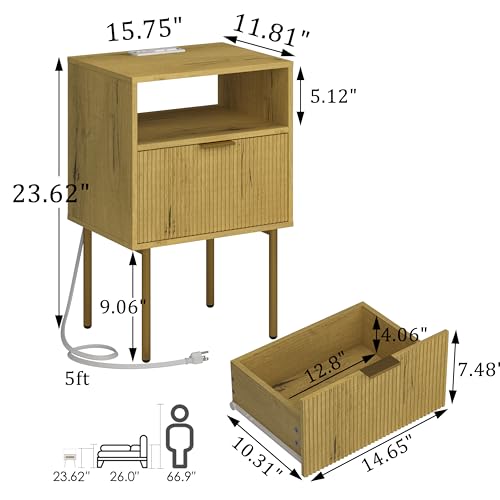 JOONEE Nightstand with Charging Station, Bedside Table with Storage Drawer, Fluted Side Table for Living Room, Bedroom - color: Yellow Oak