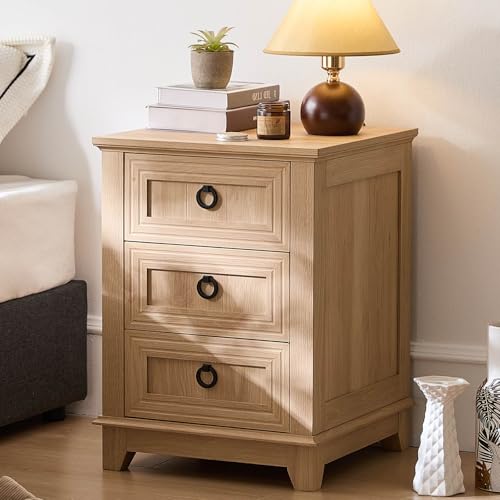 Joaxswe 18" Farmhouse Night Stand with 3 Drawers, Wood End Table for Bedroom, Natural Wood Nightstand, Bed Side Table with Metal Handle, Bedside Cabinet for Bedroom Living Room - color: Natural Set 1, size: 3 Drawers