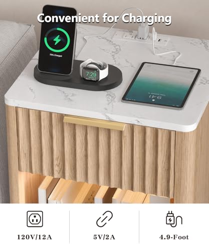 Akxomel Fluted Nightstand, Wooden Night Stand with Charging Station and LED Light, Modern Bedside Table with Drawer and Faux Marble Top, 15" D x 15.7" W x 22.6" H, for Bedroom, Natural Oak and White - color: Natural Oak and White