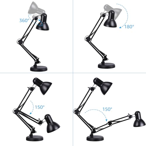 TORCHSTAR Metal Desk Lamp, Adjustable Swing Arm, E26, Black | Architect Gooseneck Multi-Joint Clip Table Lamp with Plastic Clamp, for Home Office, Work, Study, Reading, Bulbs not Included - color: Black