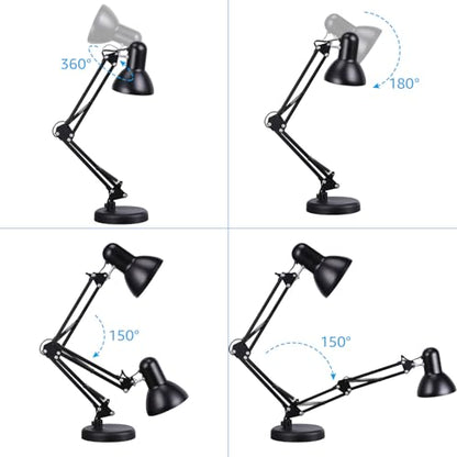 TORCHSTAR Metal Desk Lamp, Adjustable Swing Arm, E26, Black | Architect Gooseneck Multi-Joint Clip Table Lamp with Plastic Clamp, for Home Office, Work, Study, Reading, Bulbs not Included - color: Black