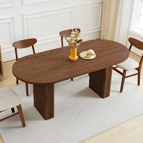 70.8 Inch Oval Dining Table for 4-6 People, Kitchen Table with Wood Strip Base, Modern Farmhouse Round Dining Room Tables for Kitchen Living Room (Walnut) - color: Walnut, size: 70" Oval
