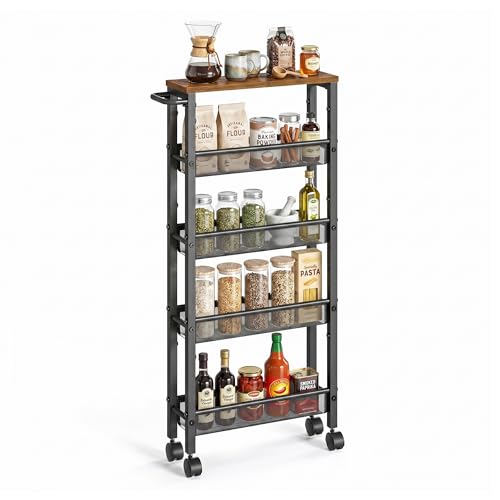 SONGMICS HOME Slim Rolling Cart, 5-Tier Storage Cart with Wheels and Handle, Narrow Utility Cart for Kitchen, Living Room, Brown and Black - style: 5 Tiers