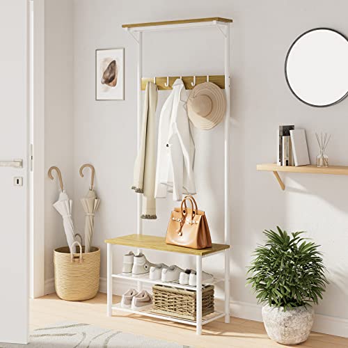 Hall Tree with Bench and Shoe Storage, 3-in-1 Coat Rack Shoe Bench, Freestanding Wooden Coat Rack with Metal Frame, 3-Tier Storage Shelf and 5 Removable Hooks, White - color: 2.white Hall Tree With Top Shelf