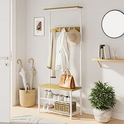 Hall Tree with Bench and Shoe Storage, 3-in-1 Coat Rack Shoe Bench, Freestanding Wooden Coat Rack with Metal Frame, 3-Tier Storage Shelf and 5 Removable Hooks, White - color: 2.white Hall Tree With Top Shelf