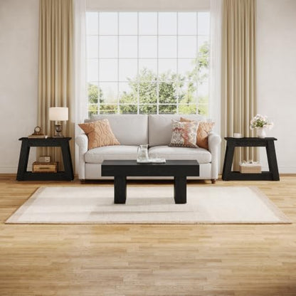 Tribesigns Wood End Table, Small Side Table with 2 Storage Shelves, Rustic Accent Narrow Nightstand for Living Room, Bedroom (2, Black) - color: Black