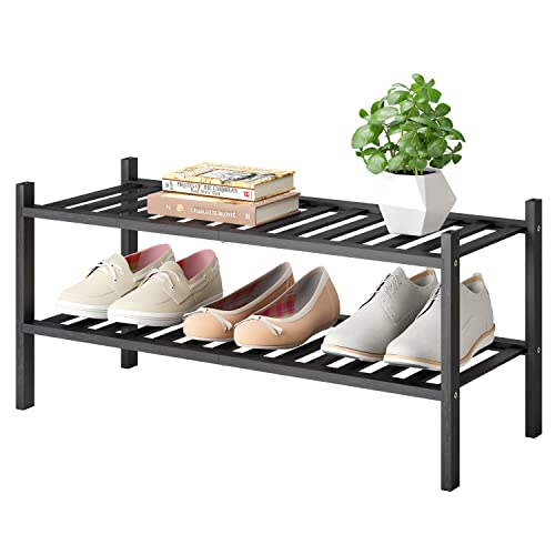 Shoe Rack, 2-Tier Bamboo Stackable Shoe Shelf Storage Organizer, Shoe Stand for Closet, Entryway and Hallway - color: Black, size: 2-Tier-Standard