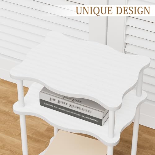 THUMEYE 3-Tier Side Table, 15.7”x11.8”x23” Space-Saving End Table with Solid Wood Legs, Tool-Free Assembly Nightstand for Bedroom Living Room, White - color: White