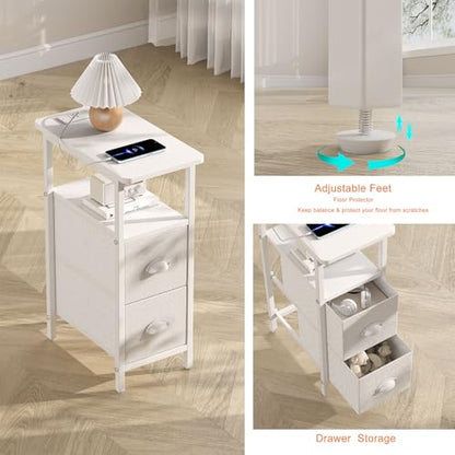 sthmec Narrow End Table with Charging Station, Narrow Side Table with 2 Fabric Drawers, Slim Nightstand, Skinny Bedside Table, Small Side Table for Small Spaces, Living Room, Bedroom, White - color: White, size: 7.87'' W x 15.75'' D x 24.37'' H, style: Po