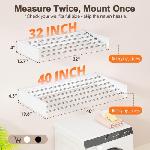 Wall Mounted Clothes Drying Rack Folding Indoor, Foldable Laundry Drying Rack Collapsible,Invisible, Space Saving, Retractable Towel Drying Rack, with Wall Template(5 Drying Rods, White 32") - color: White, size: White-32"