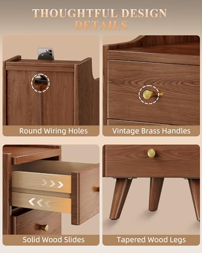 Narrow Nightstand with Drawers, 7.9" Solid Wood Nightstand with Open Shelf & Cable Hole, Modern Night Stand Slim Bedside Table for Small Spaces, Bedroom, Study - color: Walnut, size: 15.7"D x 7.9"W x 23.6"H