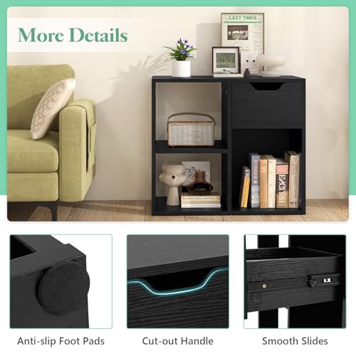 Giantex 3 Cube Bookcase with Drawer Set of 2, 2 Tier Bookshelf for Small Spaces, Modern Freestanding Display Rack with Open Shelves, Book Case, Wood Cube Storage Organizer Bedroom Living Room, Black - color: Black