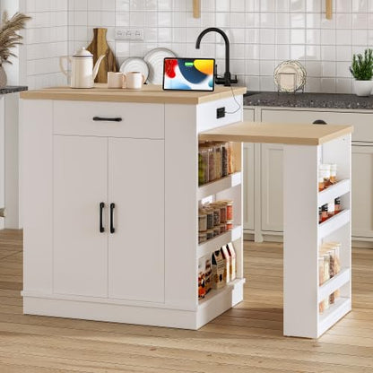 Bellemave Kitchen Island with Extendable Dining Table, 80.7" Kitchen Storage Islands with Double-Door Cabinet, Power Outlet, 2 Drawers & 2 Open Shelves, Temporary Breakfast Bar (White/80.7") - size: 80.7 Inch, style: White 2 Cabinet
