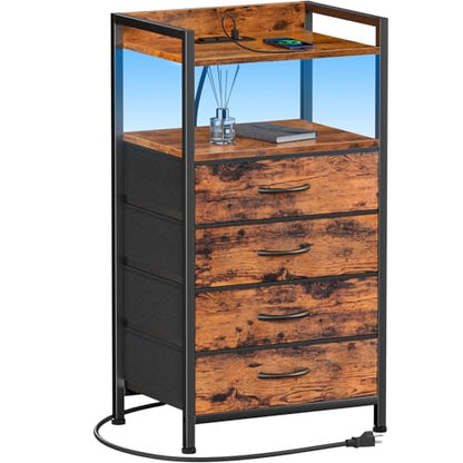 Furnulem Night Stand with Charging Station, 4 Drawer Tall Bedside Table | small dresser for bedroom, with LED light & Remote Control, Fabric Bins and Metal Frame,Wood Desk Top,Easy Assemble for Dorm - color: Rustic Brown