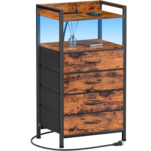 Furnulem Night Stand with Charging Station, 4 Drawer Tall Bedside Table | small dresser for bedroom, with LED light & Remote Control, Fabric Bins and Metal Frame,Wood Desk Top,Easy Assemble for Dorm - color: Rustic Brown