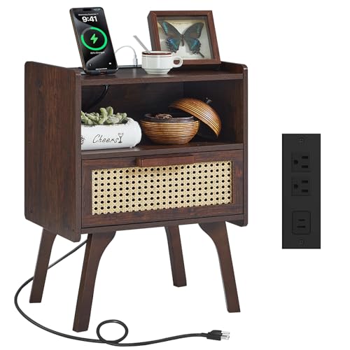 Lerliuo Rattan Nightstand with Charging Station, Walnut Bedside Table with Drawer Open Shelf, Cane Accent Side End Table with Solid Wood Legs, Night Stand for Bedroom, Dorm and Small Spaces - color: Walnut, size: 1 pack