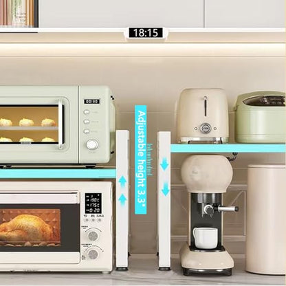 2-Tier Expandable Microwave Stand, Extendable Microwave Oven Rack with Storage Shelf Heavy Duty with 6 Hooks and Chopsticks Cutting Board Tools Holder for Kitchen(15.7~24.8" L) - color: White